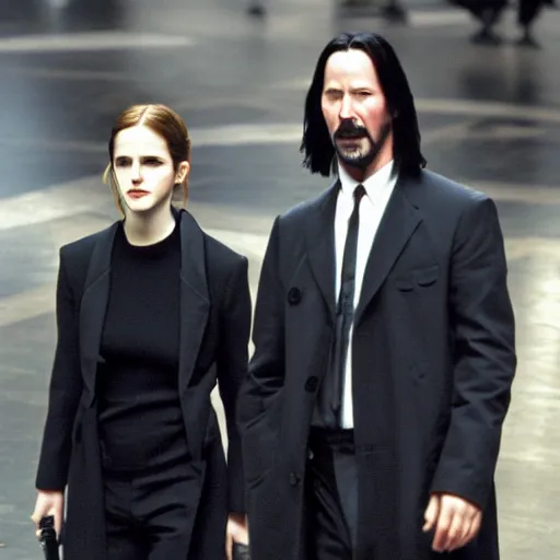 Image similar to keanu reeves and emma watson in the matrix 4