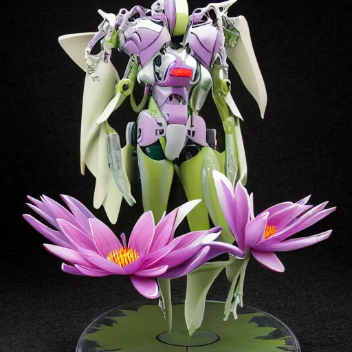 Image similar to futuristic nymphaea themed mecha waterlily upper body four arms vines, flower sepals forming helmet, evangelion, nymphaea, 8 k hd resolution, barbatos gundam with floral inlay, bandai box art, star wars, makoto kobayashi, frank gehry, raymond swanland