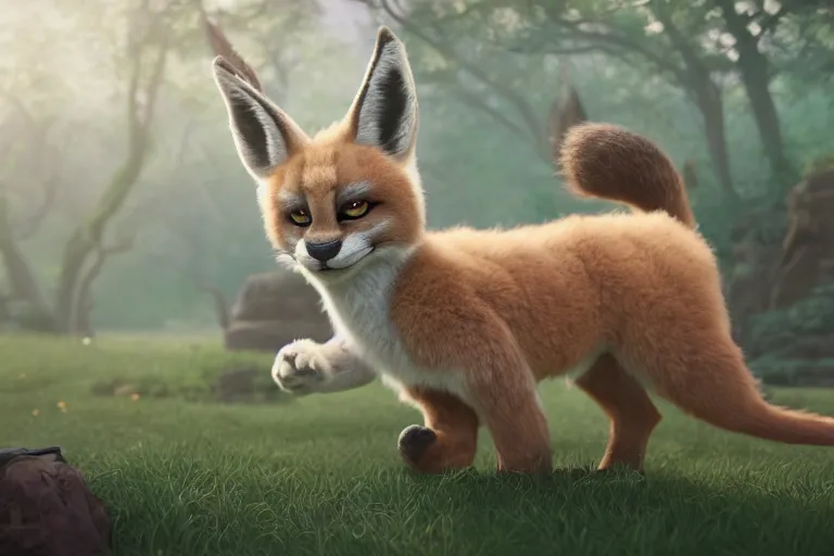 Prompt: The fluffiest little fur creature in the world, hybrid from cat caracal fox lion deer, fullbody, oil painting, disney, zootopia, volumetric light, unreal 5, DAZ, hyperrealistic, octane render, RPG portrait, dynamic lighting, fantasy art, beautiful face