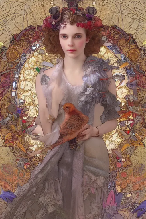 Image similar to zoomed out 3 d render of english princess holding birds, ornaments, mucha vibe, dieselpunk, solarpunk, artstation