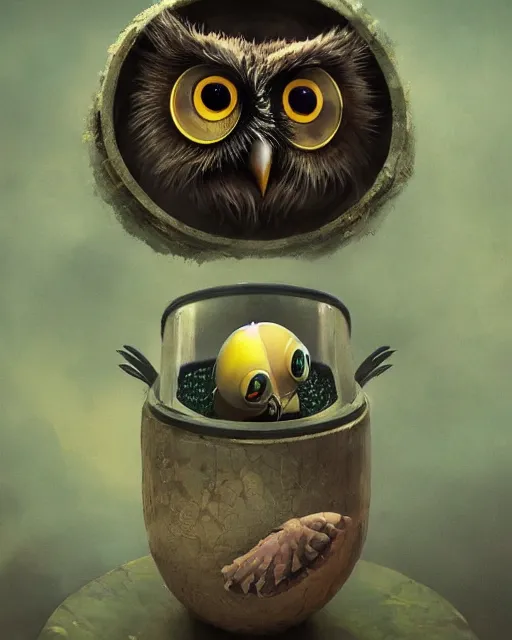 Image similar to long shot of a very cute owl chick nesting in a very futuristic cup, esao andrews, humorous illustration, hyperrealistic, big depth of field, warm colors, night scenery, low light, 3 d octane render, 4 k, conceptart, hyperdetailed, hyperrealistic, trending on artstation