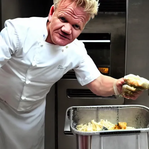 Image similar to gordon ramsay eating the food from trash bin caught on camera