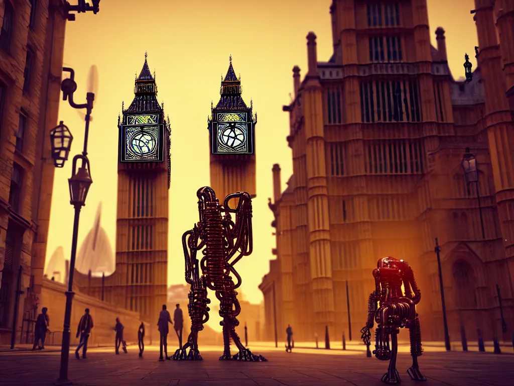 Prompt: a giant ancient beautiful cyborg of the elder gods with pipes and tubes in the city of London, an image of a beautiful cyborg, a beautiful cyborg, a cyborg, London streets with bigben in the background, colourful, dramatic lighting, golden hour, very detailed octane render very realistic beautiful