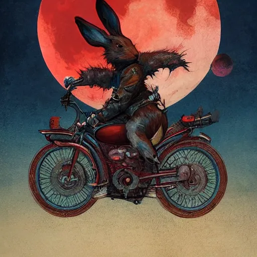 Image similar to bunny wearing a leather jacket riding a motorbike during sakura season on a blood moon, by peter mohrbacher, james jean, wlop, greg rutkowski, rule of thirds, dynamic pose, action pose, beautiful landscape