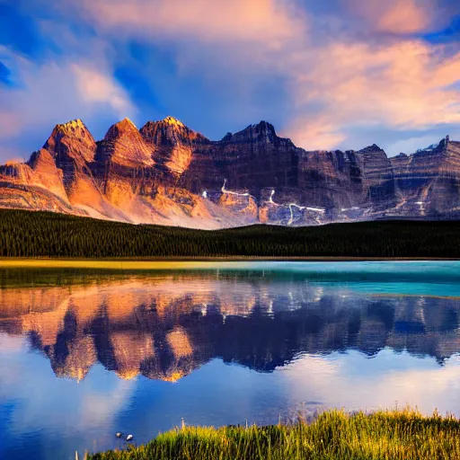 Prompt: lake louis alberta during a sunset, 4k, high detail, high-resolution photograph, professional photography, ultra-detail