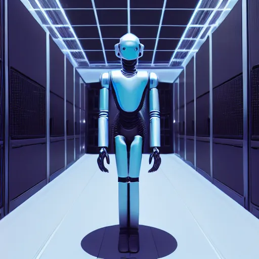 Image similar to hyperrealism stock photo of highly detailed stylish humanoid robot in futuristic sci - fi style by gragory crewdson and vincent di fate in the detailed data center by mike winkelmann and laurie greasley rendered in blender and octane render