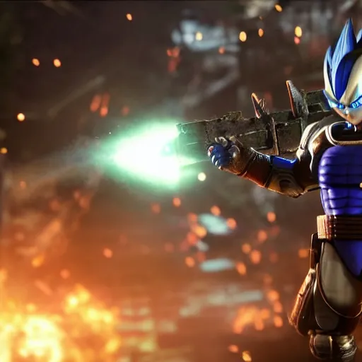 Image similar to vegeta in gears of war, splash art, movie still, cinematic lighting, ray tracing, octane render, long lens, shallow depth of field, bokeh, anamorphic lens flare, 8 k, hyper detailed, 3 5 mm film grain