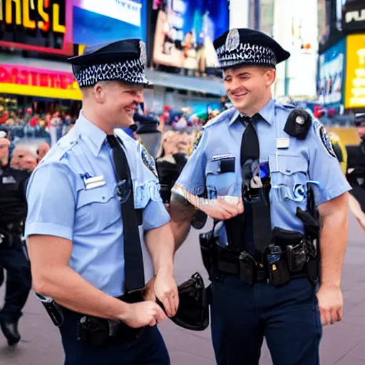 Prompt: a police officer handcuffing another police officer, both smiling, time square, stock photography, award - winning,