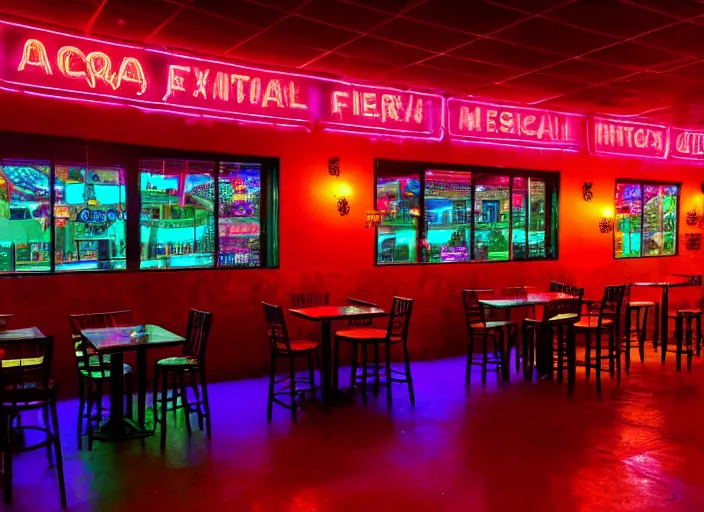 Image similar to photo of a mexican restaurant, neon lights, in a flat snowy field. 35mm. Very detailed 8k. Sharp. Cinematic post-processing. Unreal engine. Ray tracing. Parallax. Tessellation