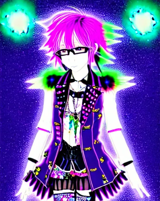 Image similar to a hologram of decora styled yotsuba koiwai wearing a gothic spiked jacket, holography, irridescent, baroque visual kei decora art