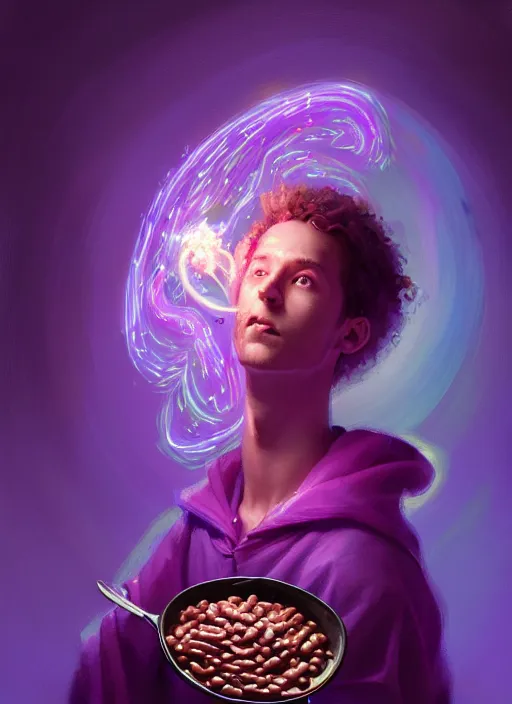 Image similar to portrait of a wizard eating baked beans and casting magical spells with rainbow energy, intricate, elegant, purple, glowing lights, highly detailed, digital painting, artstation, concept art, smooth, sharp focus, illustration, art by wlop, mars ravelo and greg rutkowski