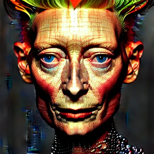 Image similar to a realistic octane render physically based rendering chrome plated tilda swinton, trending on artstation, by archan nair and marlene dumas, intricate details, gilded, in the style of frank auerbach