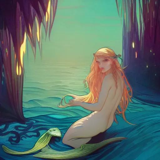 Image similar to a mermaid with a beautiful long fin, cinematic lighting, soft bokeh, fantasy, modern, colourful, highly detailed, digital painting, artstation, deviantart, concept art, sharp focus, illustration, alphonse mucha, edward hopper