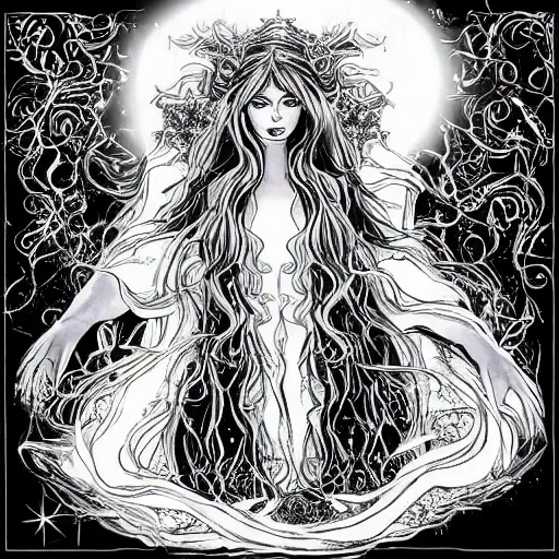 Prompt: black and white pen and ink!!!!!!! sorcerer beautiful attractive long hair Taylor Swift wearing High Royal flower print robes flaming!!!! final form flowing ritual royal!!! Contemplative stance Vagabond!!!!!!!! floating magic witch!!!! glides through a beautiful!!!!!!! Camellia!!!! Tsubaki!!! death-flower!!!! battlefield behind!!!! dramatic esoteric!!!!!! Long hair flowing dancing illustrated in high detail!!!!!!!! by Hiroya Oku!!!!!!!!! graphic novel published on 2049 award winning!!!! full body portrait!!!!! action exposition manga panel black and white Shonen Jump issue by David Lynch eraserhead and beautiful line art Hirohiko Araki!! Frank Miller, Kentaro Miura!, Jojo's Bizzare Adventure!!!! 3 sequential art golden ratio technical perspective panels horizontal per page