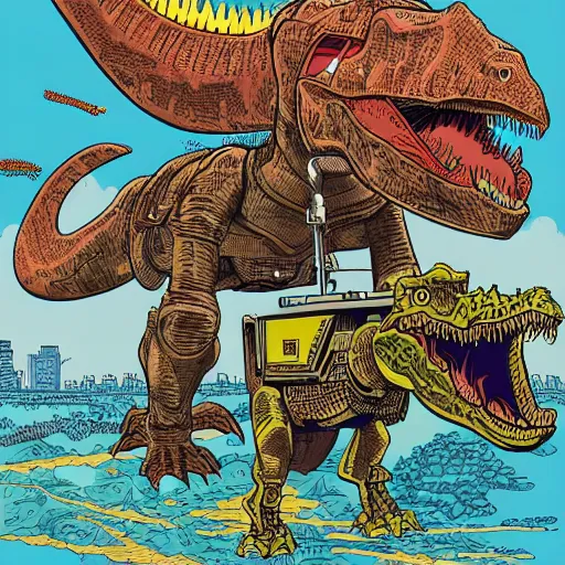 Prompt: detailed intricate colour illustration of a businessman with a laser pistol riding a mecha dinosaur, in the style of Geof Darrow