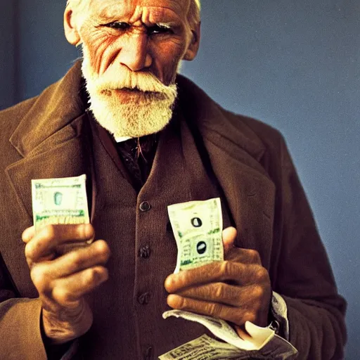 Image similar to portrait of Leo Tolstoy holding a pack of dollars, by Steve McCurry, clean, detailed, award winning