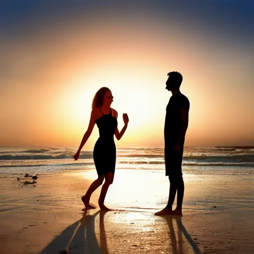 Image similar to Slim silhoutte of a couple on the beach, sunrise, ray tracing, uplifting mood, happiness, majestic, 16k