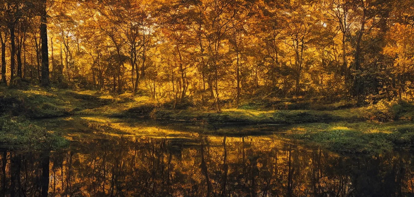 Image similar to sparse stone cottages underneath a dense tall forest, pristine ponds. fine painting intricate brush strokes, bright depth oil colors. 2 8 mm perspective photography by araken alcantara. intense promiseful happiness, autumn sunrise warm light. hopeful environment of bodyscapes