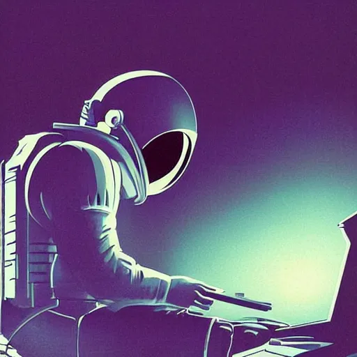 Prompt: an astronaut in a recording studio, looking at a glowing computer screen, using roland tr - 8 0 8 with his left hand and a roland tb - 3 0 3 with his right hand, there is not gravity in the recording studio and everything is floating, illustrated by greg rutkowski, [ digital art, synthwave art style ]!!