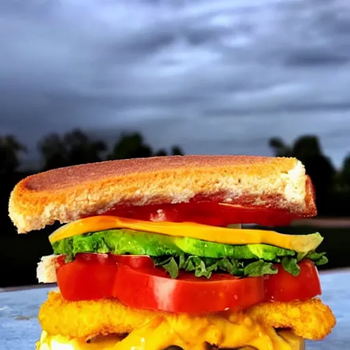 Image similar to one sandwich with fried tofu, one red tomato slice, mayonnaise, one onion ring, avocado, melted cheddar, over a red dish that is on a table, with a sunset and rainbow in the background with saturn and stars in the sky