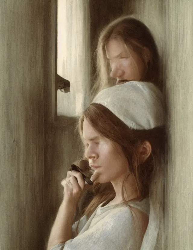 Image similar to portrait of peasant girl brushing her hair in a bathroom, Cinematic focus, Polaroid photo, vintage, neutral colors, soft lights, foggy, by Steve Hanks, by Serov Valentin, by lisa yuskavage, by Andrei Tarkovsky 8k render, detailed, oil on canvas