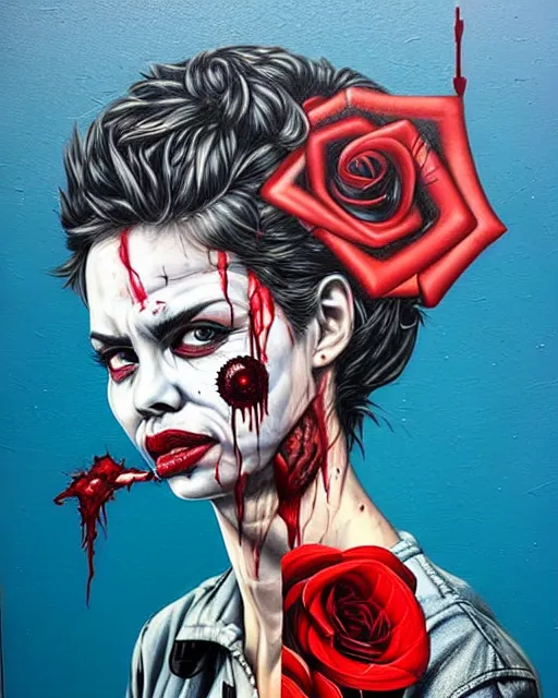 Prompt: horror with blood, rose and a pistol with sea and ocean in the background intricate details by Sandra Chevrier