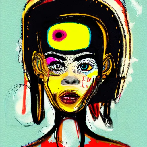 Prompt: sketch, ultra detailed, fashion, happy, beautiful woman, she smile, big beautiful eyes, surreal, in style of jean - michel basquiat, trending on artstation