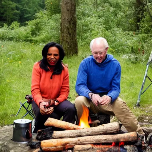 Image similar to camping in Wales with Richard Cheney and Condoleezza Rice. Condoleezza is burning the sausages on the camping stove