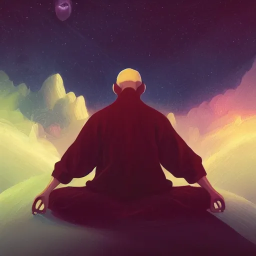 Prompt: the elegance of life, contrasting colors, cinematic, a simple textured vector based illustration, extraordinary lighting, a detailed man in a meditating in the nebula, critical detail, atmospheric dreamscape painting, digital art, wlop by ( jeremiah ketner and leonardo da vinci and greg rutkowski ), sharp focus