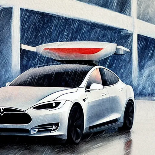 Image similar to a painting of elon musk driving a tesla the camera angle is just right and it's raining