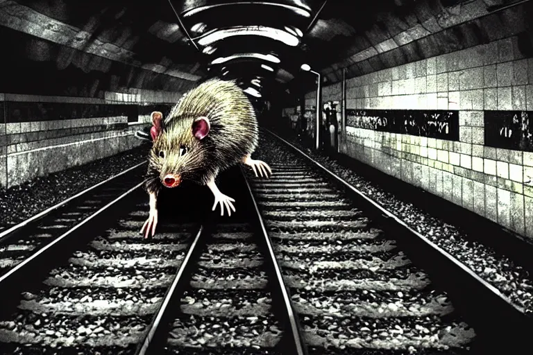 Prompt: very large giant mutant zombie irradiated angry rat sraying on railways in tonnel of moscow subway. extreme high detail. low dark light, scary atmosphere.