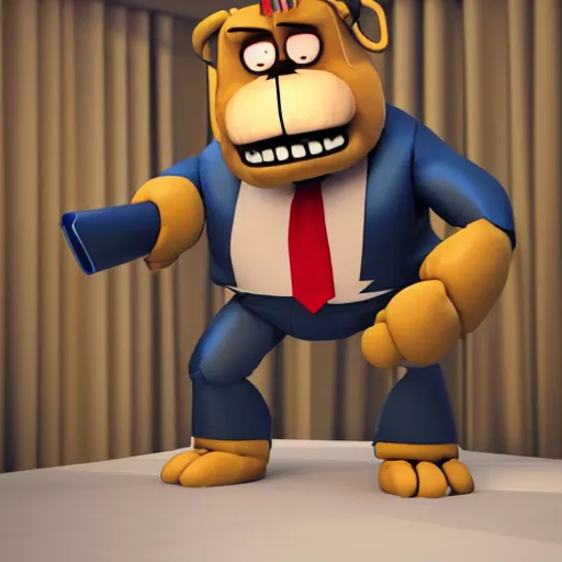 Image similar to Donald Trump with Five Nights At Freddy body, realistic artstyle, wide shot, dramatic lighting, octane render, hyperrealistic, high quality, highly detailed, HD, beautiful, cinematic, 8k, unreal engine, facial accuracy, symmetrical