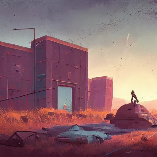 Prompt: the abandoned avengers compound, art by simon stalenhag