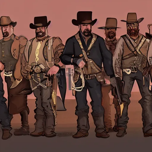 Prompt: a gang of mercenaries in the wild west, posing for a group photo, cool, stylized, colorized, concept art, key visual