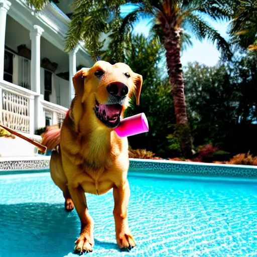 Image similar to a very detailed photo of a dog smoking a cigar outside the mansion by the pool