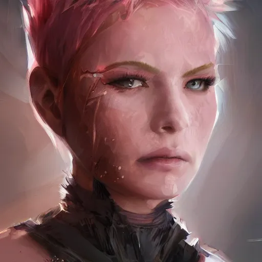 Prompt: portrait of a young woman with short pink spiky hair and dark eyes, intricate, elegant, highly detailed, digital painting, artstation, concept art, sharp focus, illustration, art by aleksi briclot, rutkowski