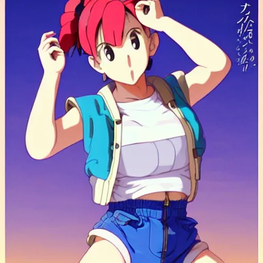 Image similar to a beautiful! boyish! natalie portman as bulma alluring gravure! model, wearing hip hop mayan bomber jacket and leotard with native style overalls, bulky poofy bomber jacket with mayan patterns, guilty gear art style, trending on pixiv, painted by makoto shinkai takashi takeuchi studio ghibli, akihiko yoshida