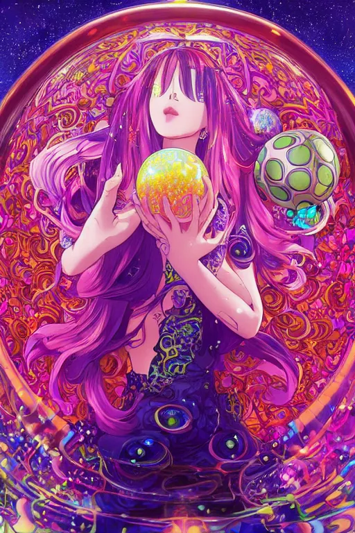 Image similar to psychedelic, acid trip, intricate, highly detailed, anime, 4k, beautiful seductive slime girl holding a huge orb containing the universe, with professional makeup, long trippy hair, surrounded by gems, underneath the stars, trending on patreon, deviantart, twitter, artstation, volumetric lighting, heavy contrast, by artgerm and Ilya Kuvshinov and alphonse mucha, interstellar galaxy