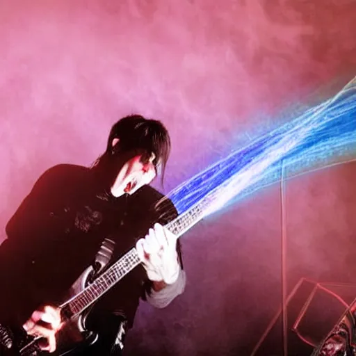 Prompt: Trent Reznor screaming and smashing a guitar on a synthesizer, smoke, colored projections, ultrafine detail, cybersuit, glowing thing wires, smoke, high contrast, projections, associated press photo, masterpiece