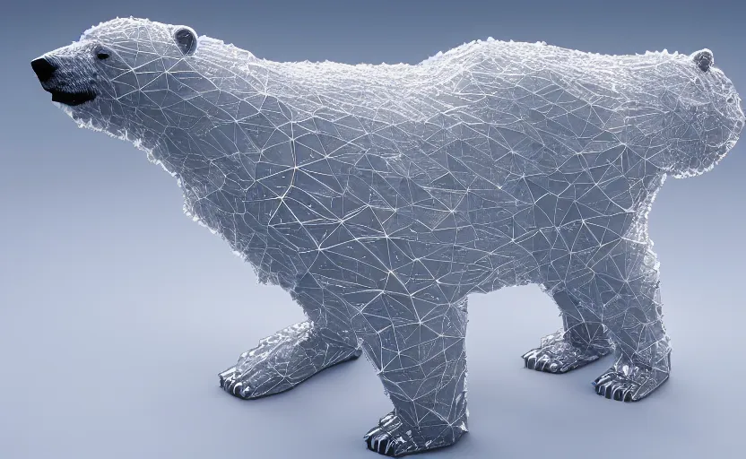 Prompt: polar bear as alow poly, kevlar, octa core, watercooled plates with crystal elements as a power source with an arctic-based, geometric backdrop; led, robotic, abstract, front profile shot, cycles render, 4k