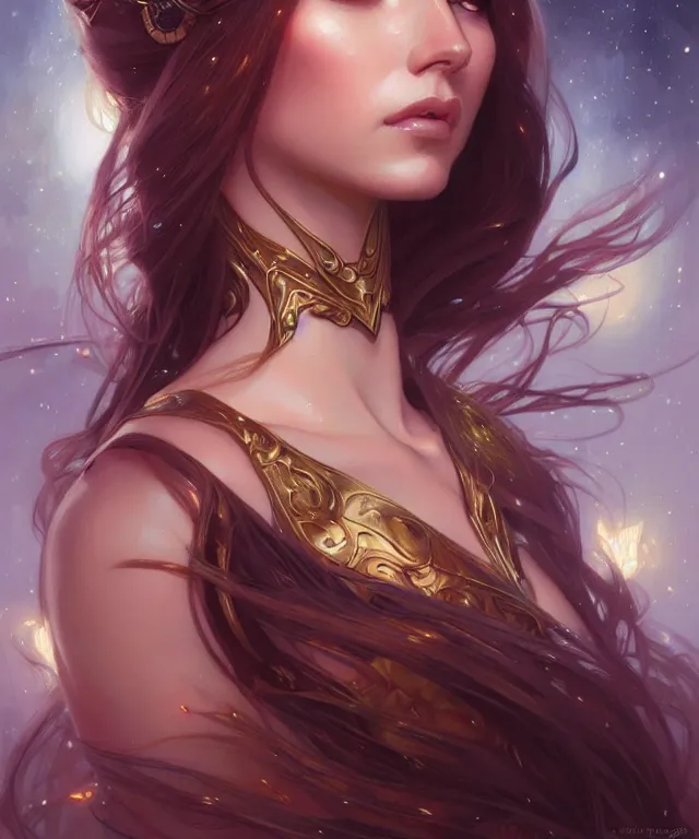 Image similar to fantasy magic woman portrait, sci-fi, amber eyes, face, long hair, fantasy, intricate, elegant, highly detailed, digital painting, artstation, concept art, smooth, sharp focus, illustration, art by artgerm and greg rutkowski and alphonse mucha