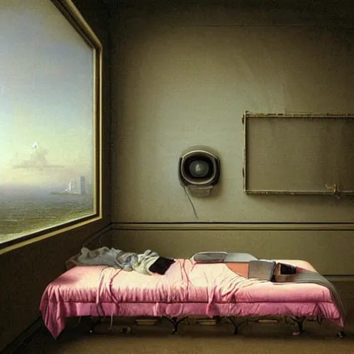 Image similar to hyperrealistic liminal spaces, David Friedrich, award winning masterpiece with incredible details, Zhang Kechun, a surreal vaporwave vaporwave vaporwave vaporwave vaporwave painting by Thomas Cole of an old pink mannequin head wearing VR goggles with cables and wires coming out of it's neck, highly detailed