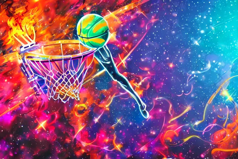 Image similar to street art basketball players vivid colors, sketchers, nebula and fire background hd high details