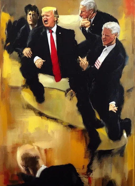 Prompt: joe biden, jeffrey epstein, donald trump, bill clinton, ted cruz, ghislaine maxwell, painting by phil hale, fransico goya,'action lines '!!!, graphic style, visible brushstrokes, motion blur, blurry, visible paint texture, crisp hd image