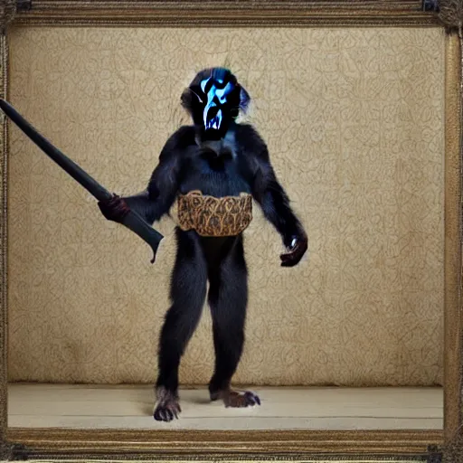 Prompt: An bipedal chimp in warrior robes wielding a sword, photograph, photorealistic, 8k intricate detail, by Frans Lanting,