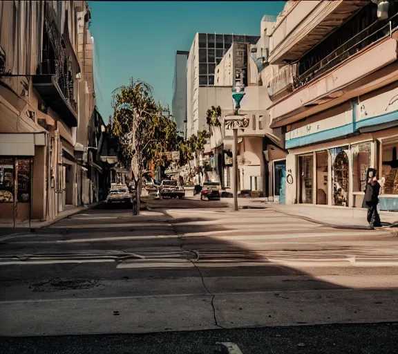 Prompt: photo of an average los angeles street, cinematic color grading, various poses, soft light, faded colors, well framed, sharp focus, 8 k