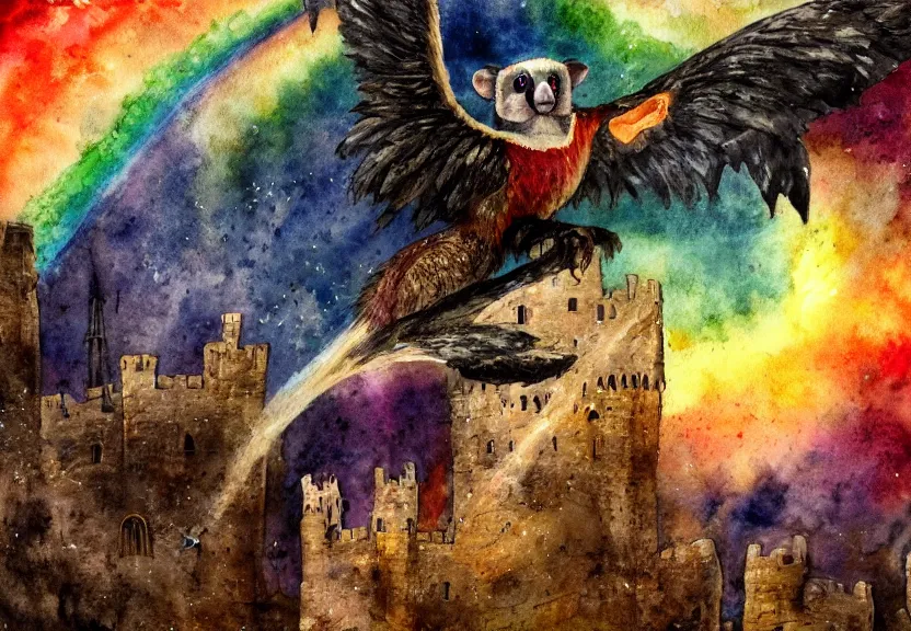 Image similar to legendary rainbow winged possum flying over a medieval castle at night under the dark starred sky, dark fantasy, watercolor, dreaming illusion, highly detailed, 4k, trending on Artstation