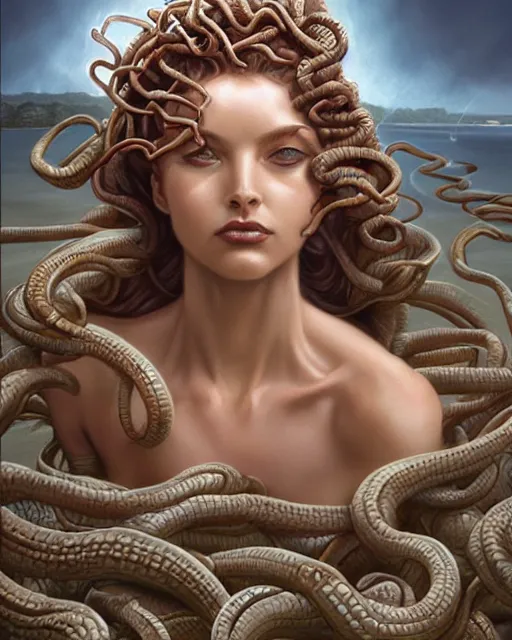 Prompt: medusa at the seaside, science fantasy painting, elegant intricate digital painting artstation concept art by mark brooks and brad kunkle detailed