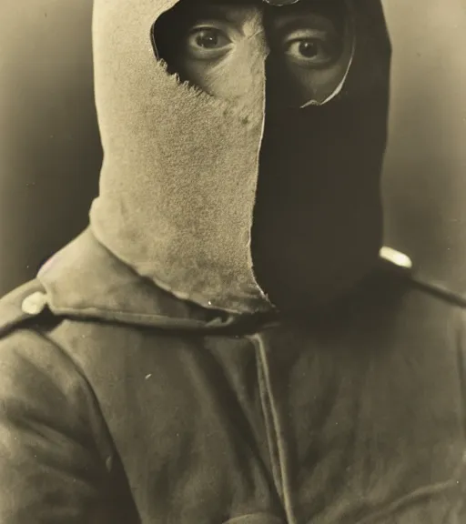 Image similar to full body portrait of a man at distance wearing hooded mask covering his entire face, ww1 film photo, grainy, high detail, high resolution