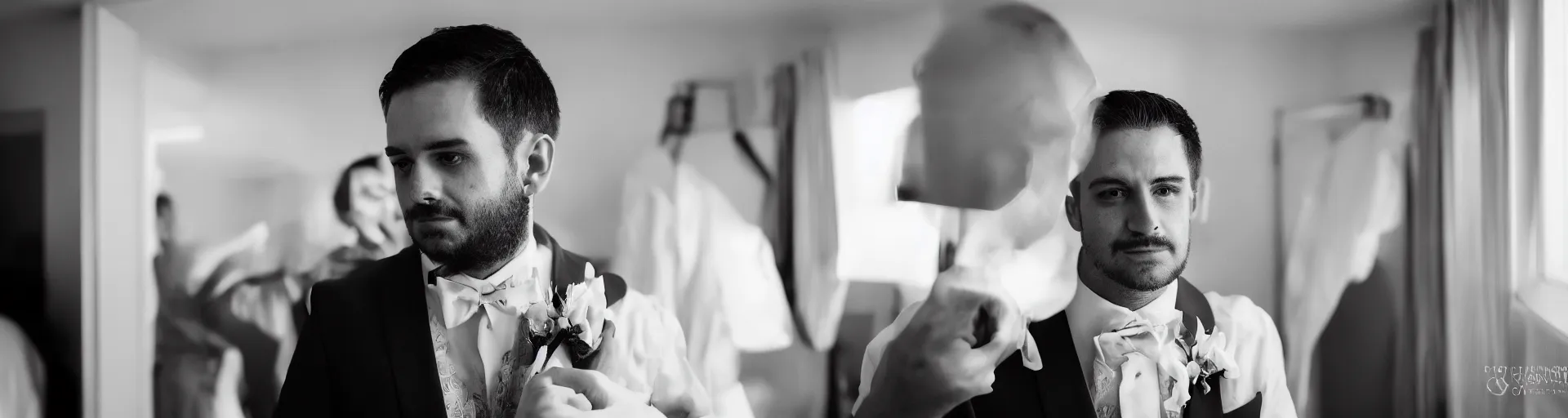 Prompt: mid close up of groom in hotel room getting ready for wedding, 3 / 4 side light, window lighting, rembrandt lighting, filmed with blackmagic pocket 6 k sigma art lens 1 8 mm at f 2